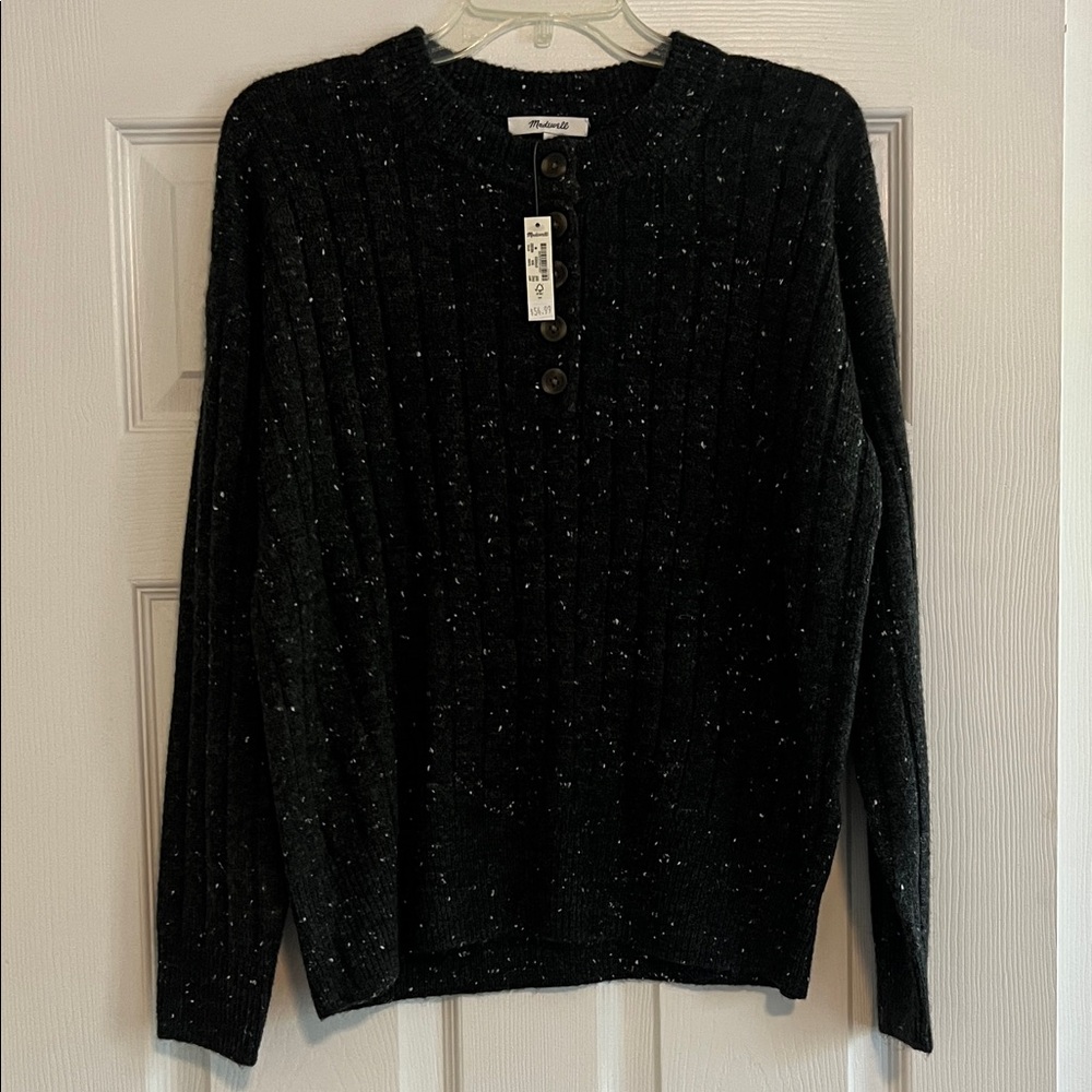 Madewell Donegal Black Speckled Sweater with Button Detail